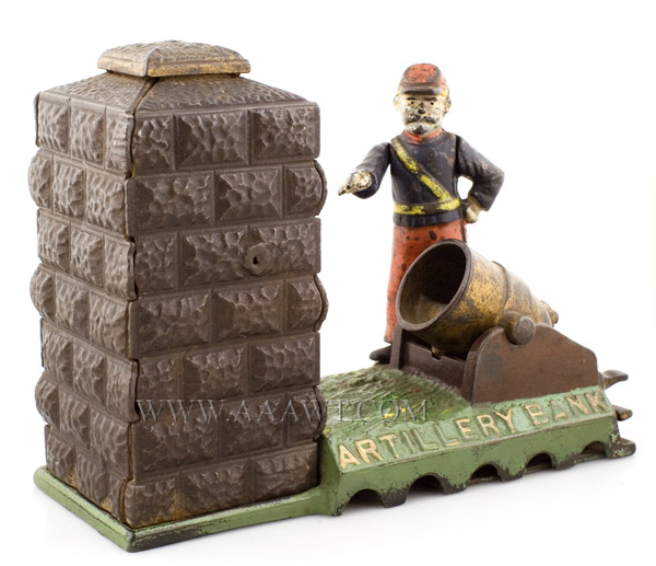 Antique Mechanical Bank, Union Soldier, J and E Stevens, Circa 1892 to 1900, left angle view